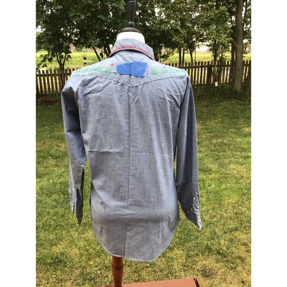 Vintage Sears Embroidered Western Shirt M Denim Floral Design Long Sleeve - Picture 7 of 11
